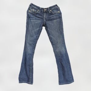 True Religion SandBlasted Bling Button Low-Rise Bootcut Blue Jeans Rivets- sz 26